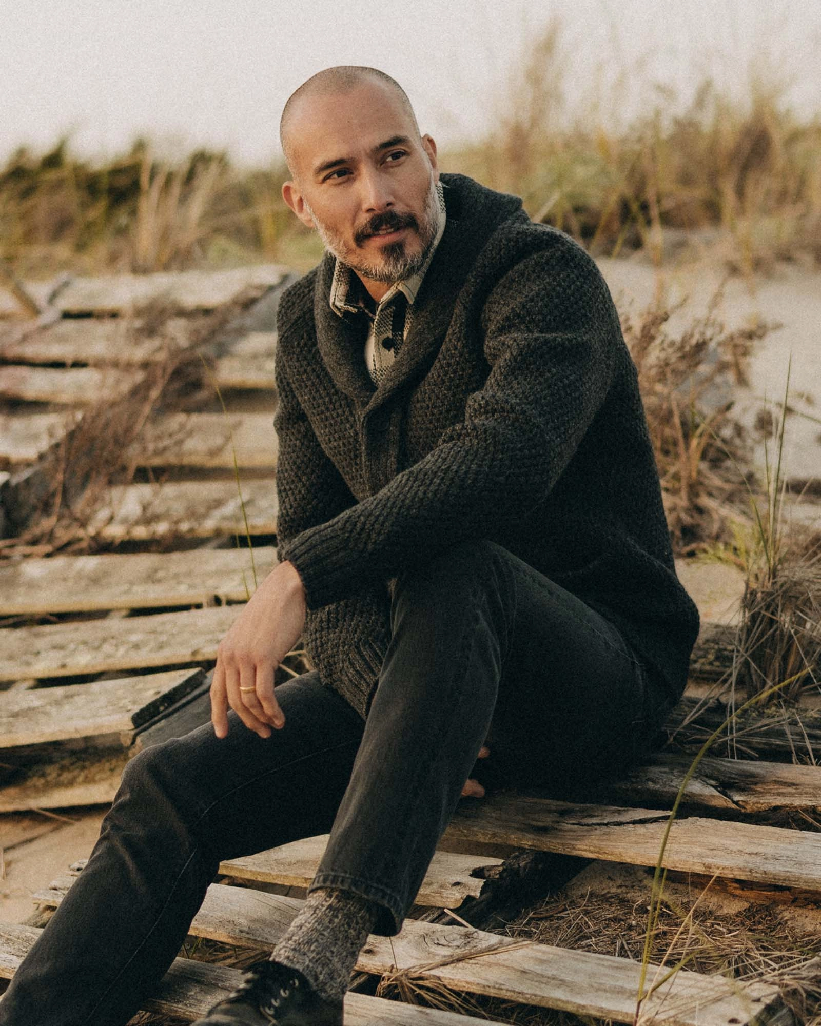 The Fisherman Shawl Cardigan in Heather Coal Merino Warm Layer Simple Chic