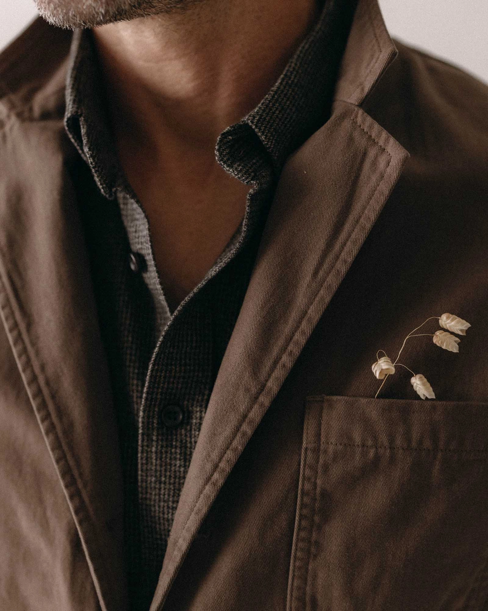 The Foundation Sportcoat in Organic Espresso Twill Ergonomic Seams Compression Strap Adjustment