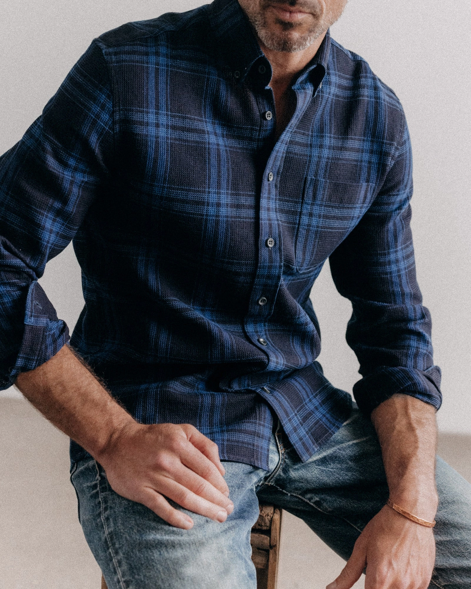 Durable Button Closures The Jack in Deep Indigo Plaid Waffle