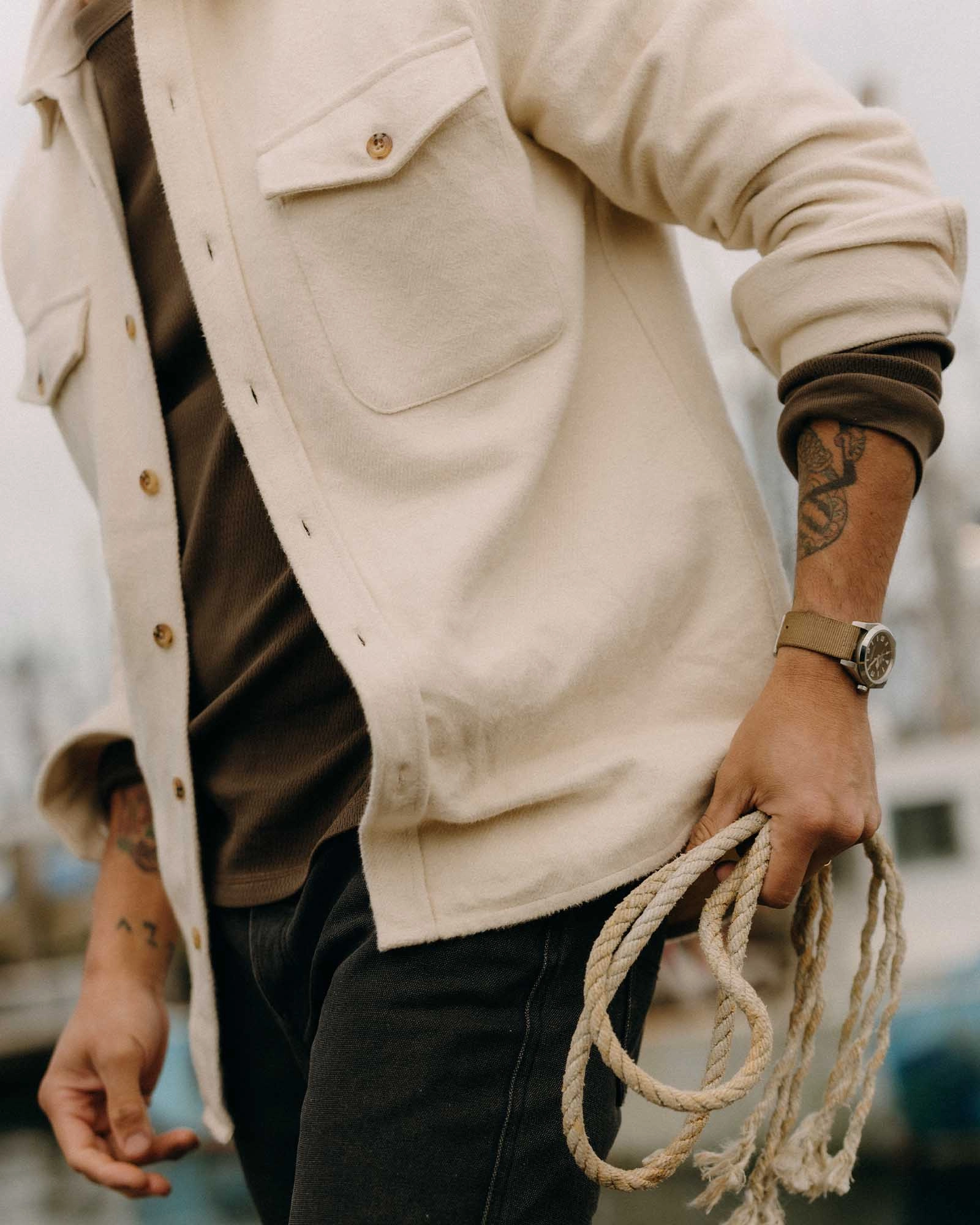 The Maritime Shirt Jacket in Vintage White Moleskin Twill Layering Essential