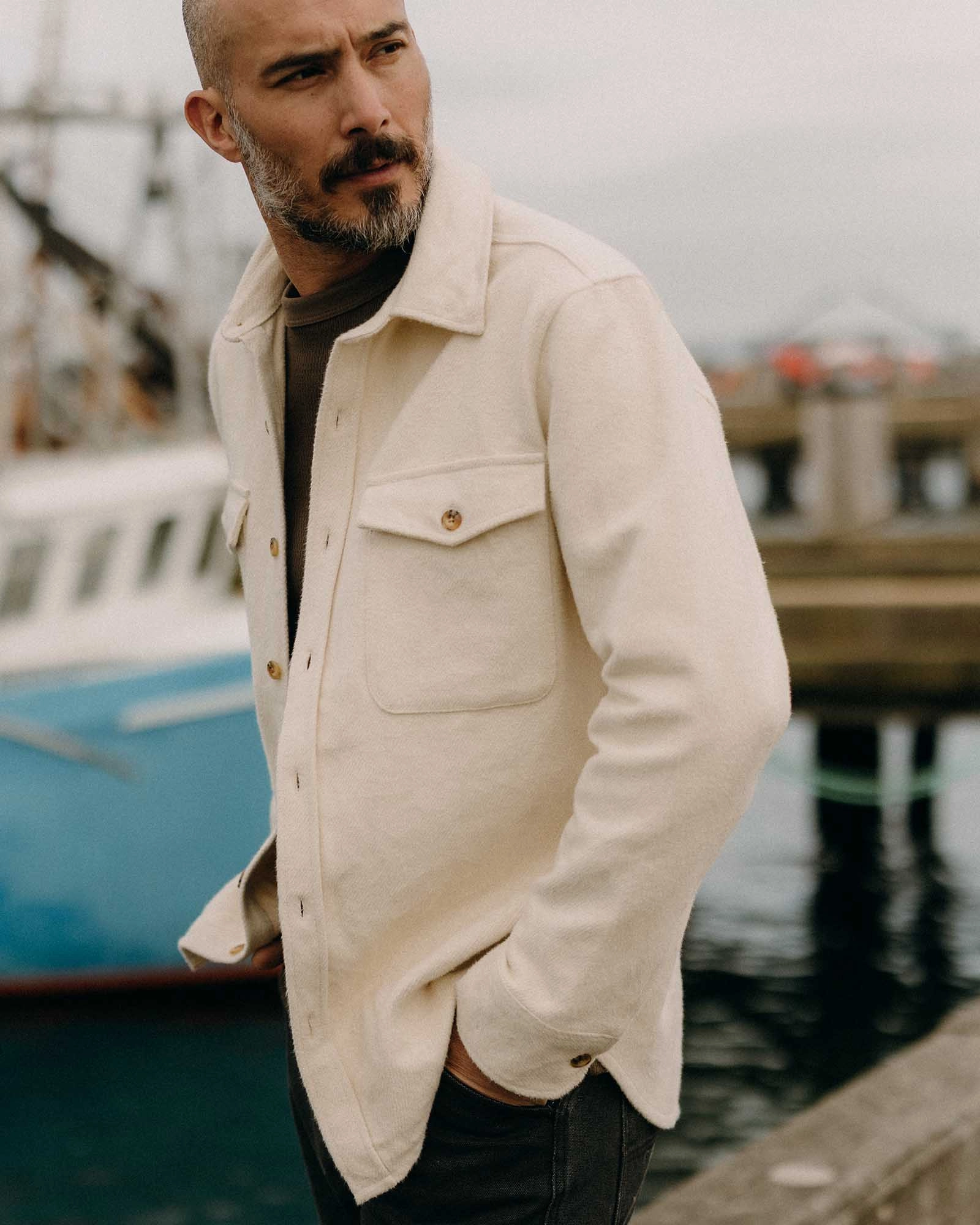 The Maritime Shirt Jacket in Vintage White Moleskin Twill Sports Ready