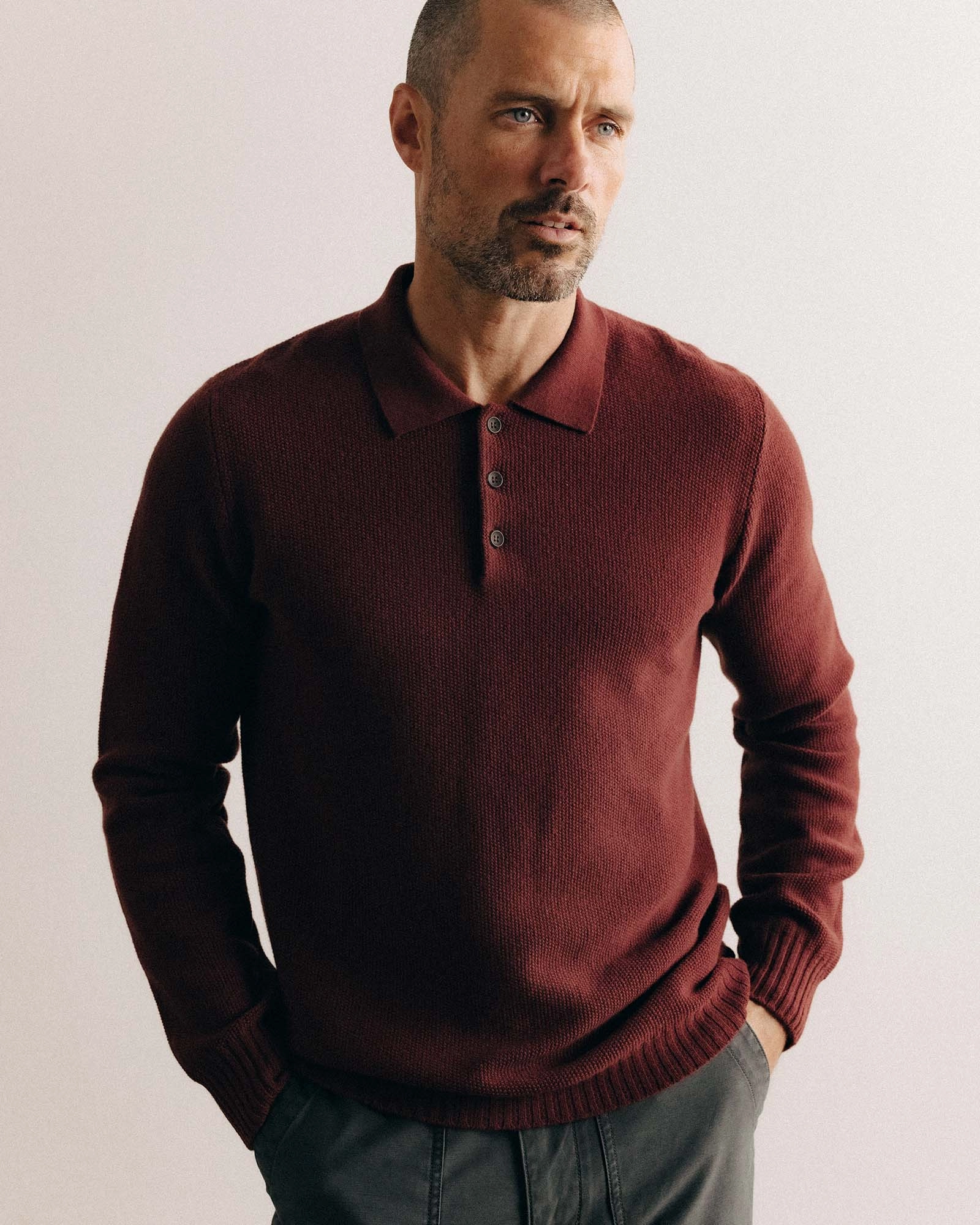Snuggle Wear Moisture Wicking Fibers The Newton Sweater Polo in Dried Cherry Merino