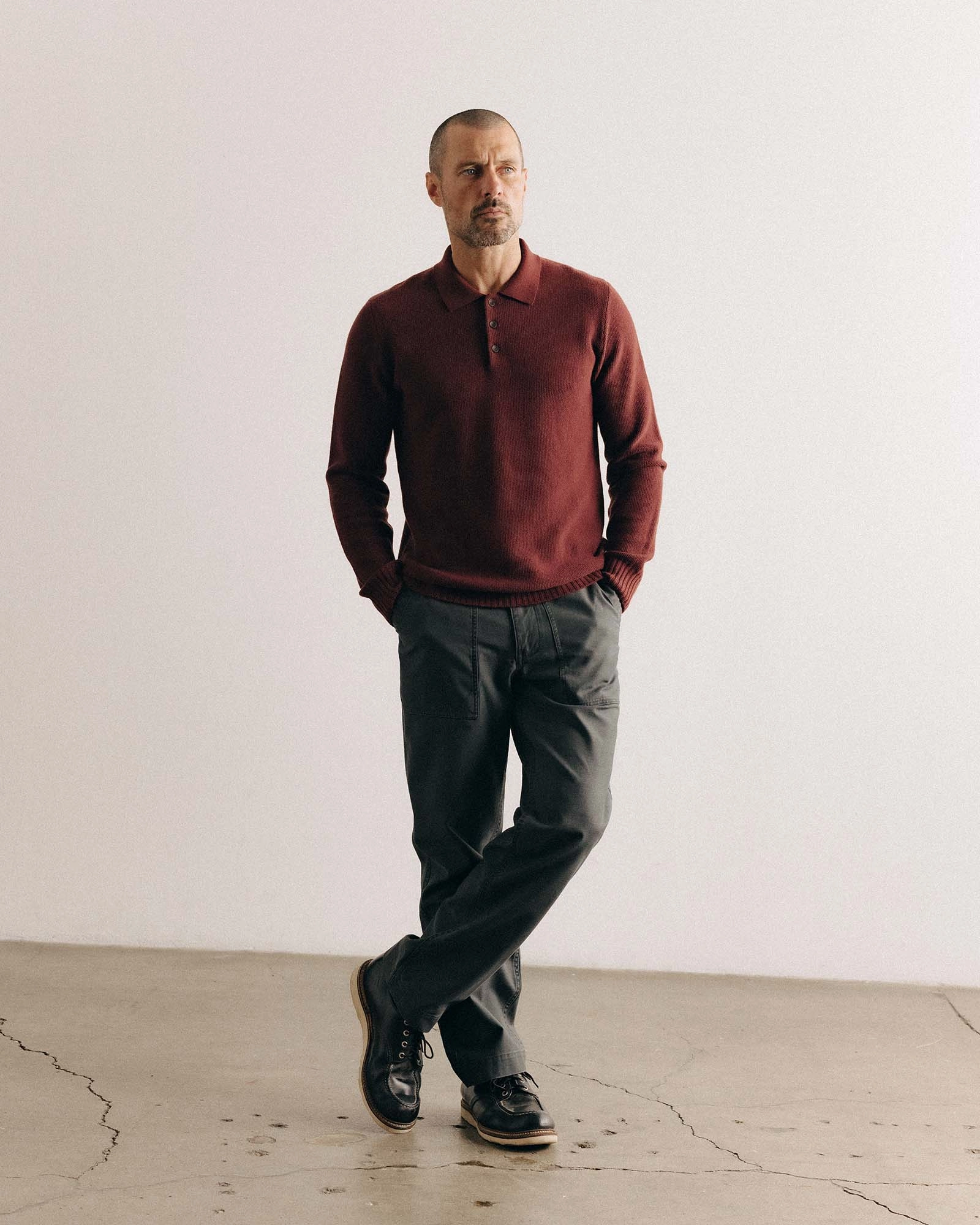 Snuggly Knitwear Trendy Outfit The Newton Sweater Polo in Dried Cherry Merino