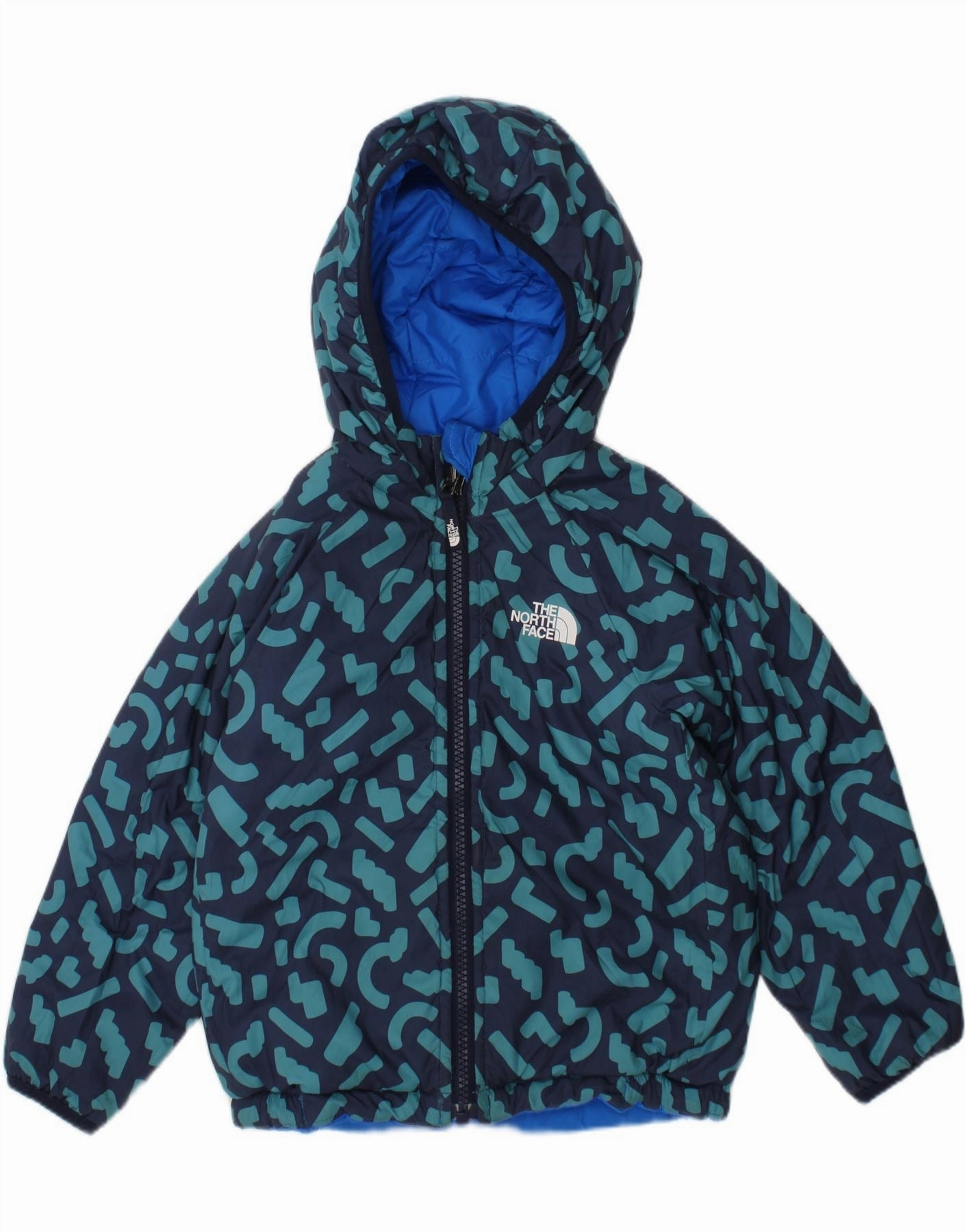 THE NORTH FACE Boys Hooded Padded Jacket 2-3 Years Blue Geometric Enable Outdoor Look