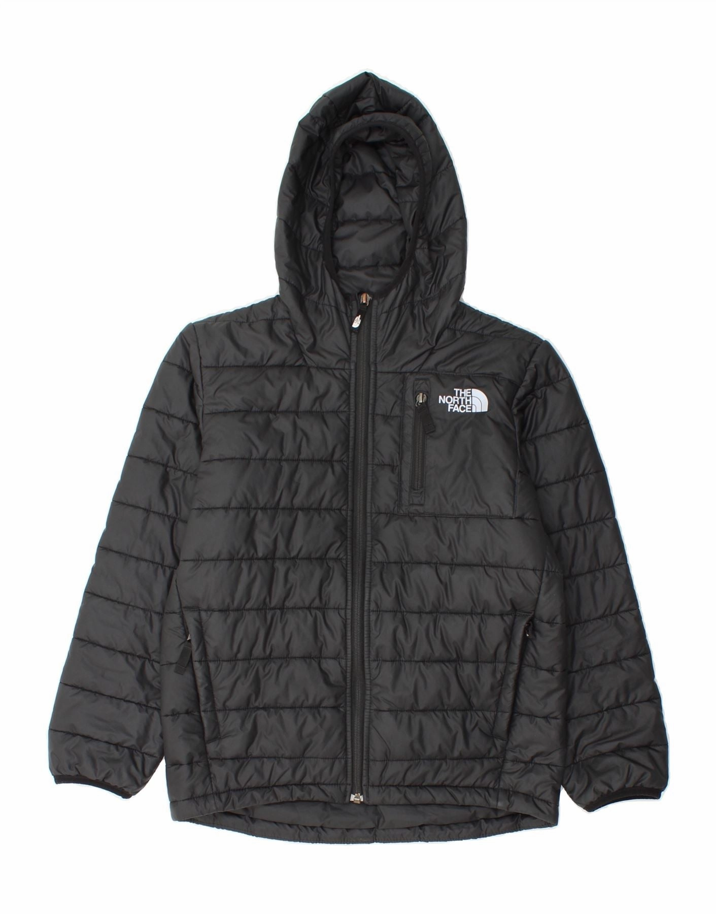 THE NORTH FACE Boys Hooded Padded Jacket 9-10 Years Medium Black Polyester Wrinkle Resistant Material Protective Padding