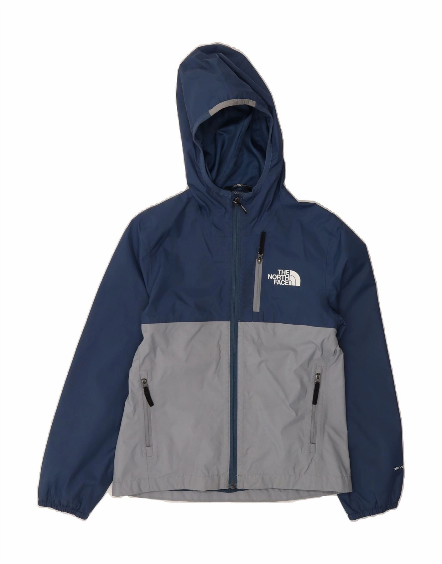 Secure Zip Pockets Hiking Gear THE NORTH FACE Boys Rain Jacket 9-10 Years Medium Navy Blue Colourblock