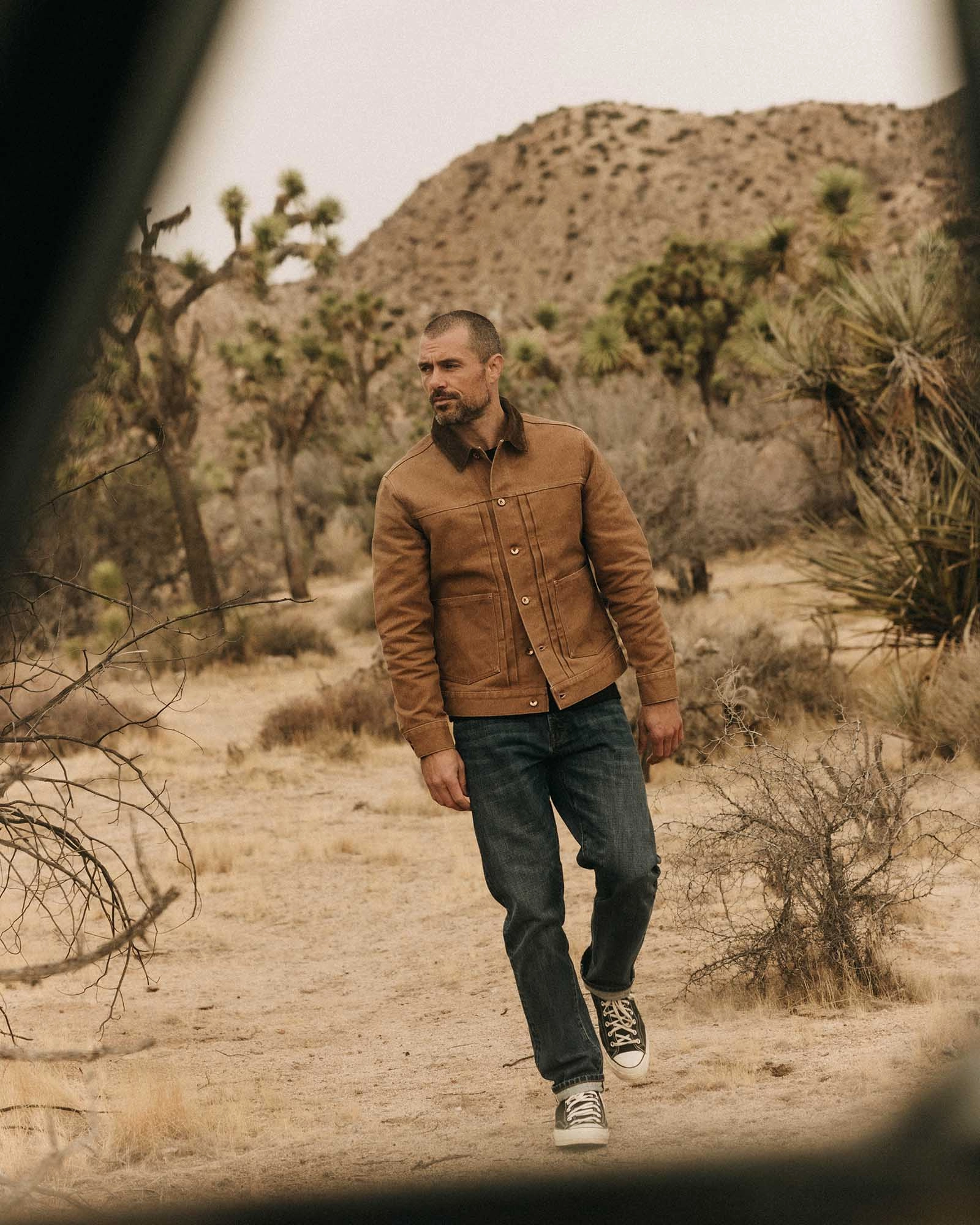 Double Layer Closure Drop Hem The Ryder Jacket in Tobacco Chipped Canvas