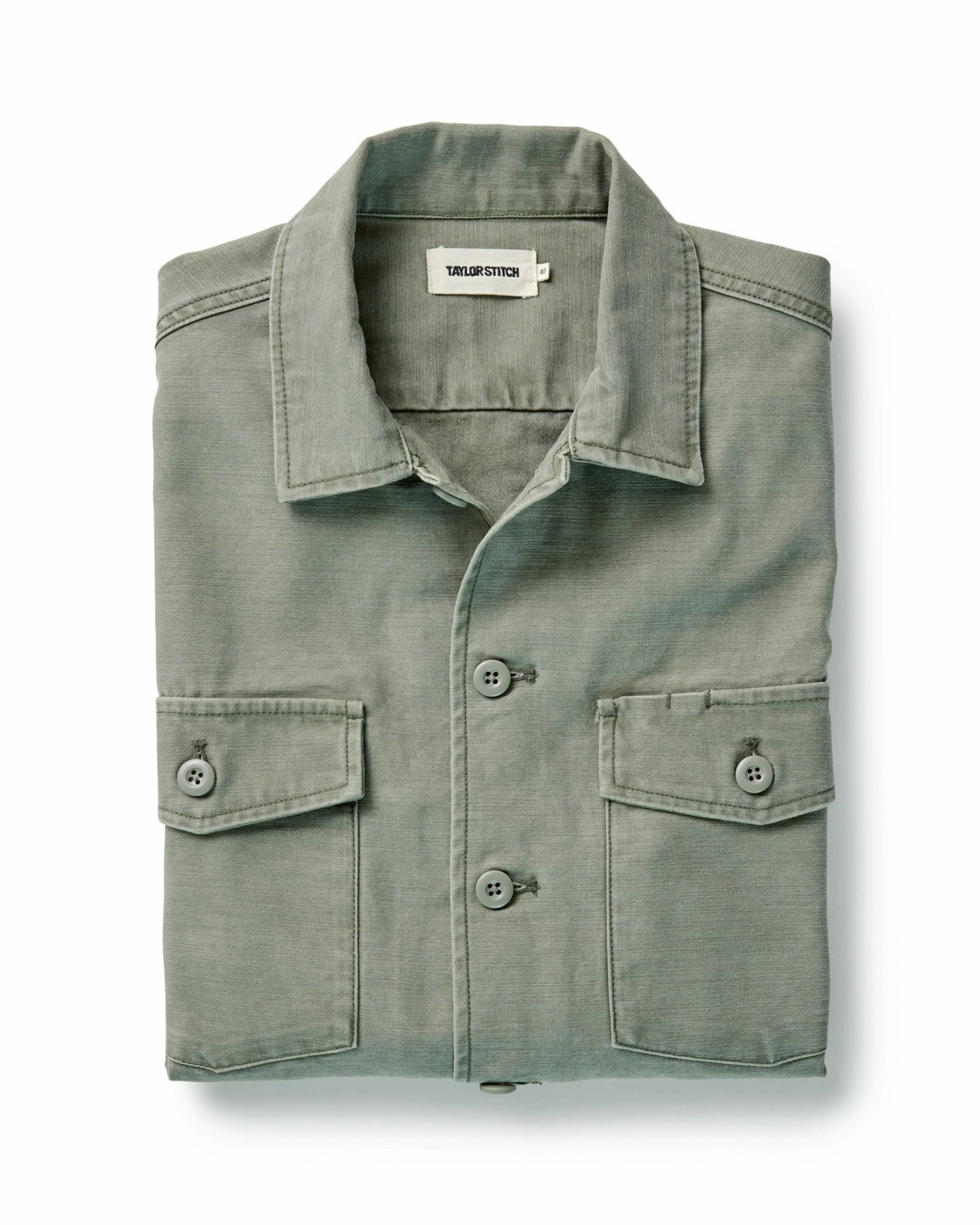 The Surplus Shirt in Field Olive Reverse Sateen Non Restrictive Armhole Breathable fabric