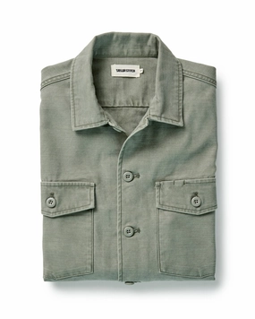 The Surplus Shirt in Field Olive Reverse Sateen Non Restrictive Armhole Breathable fabric