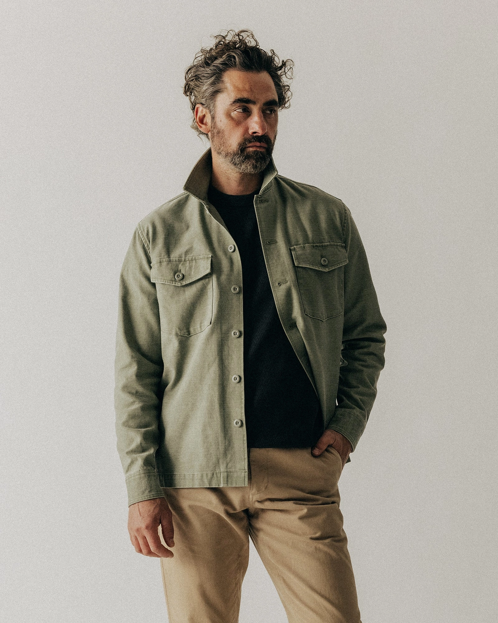 Shimmer Effect The Surplus Shirt in Field Olive Reverse Sateen