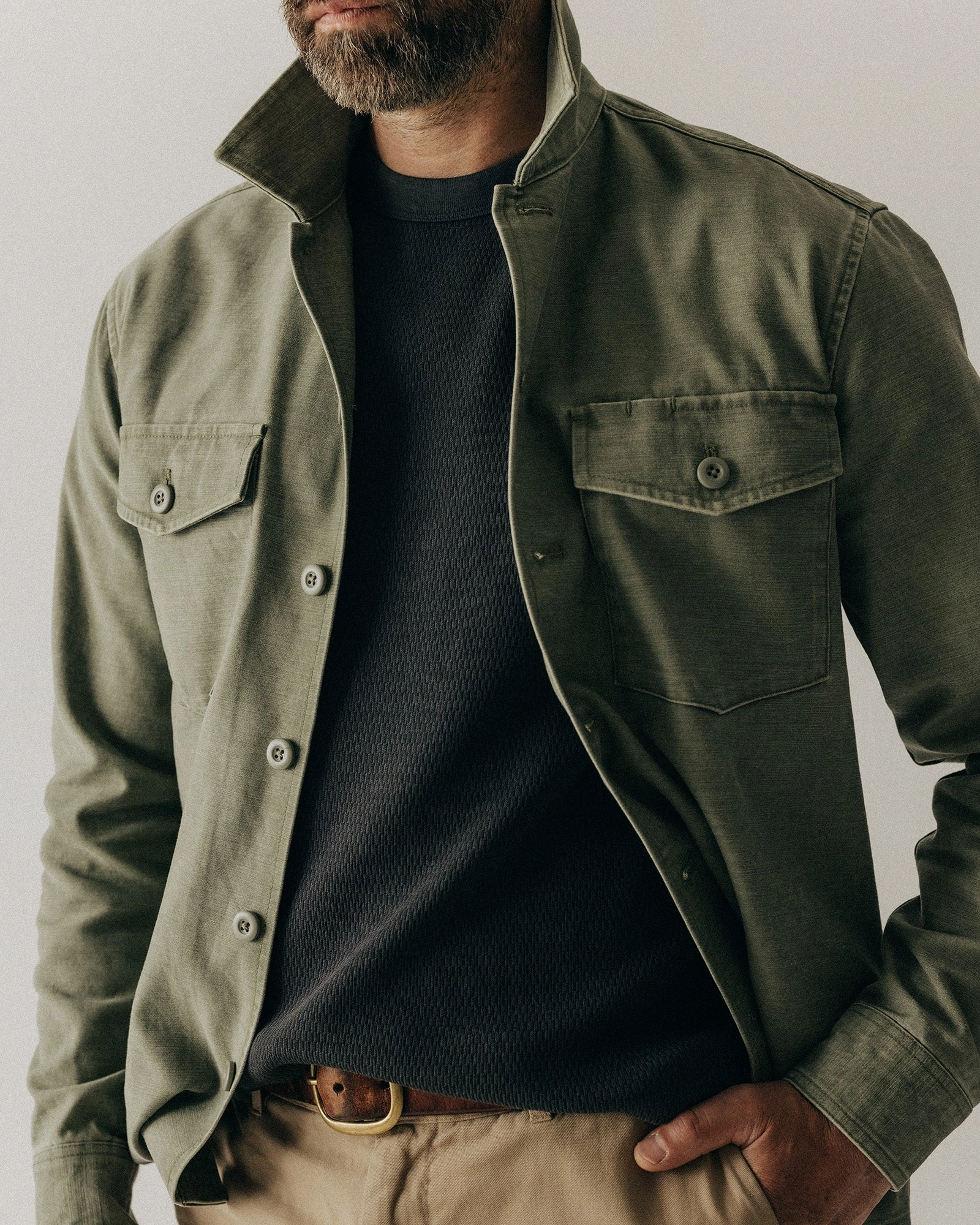 The Surplus Shirt in Field Olive Reverse Sateen ethical fashion No Slip Shoulder Grips