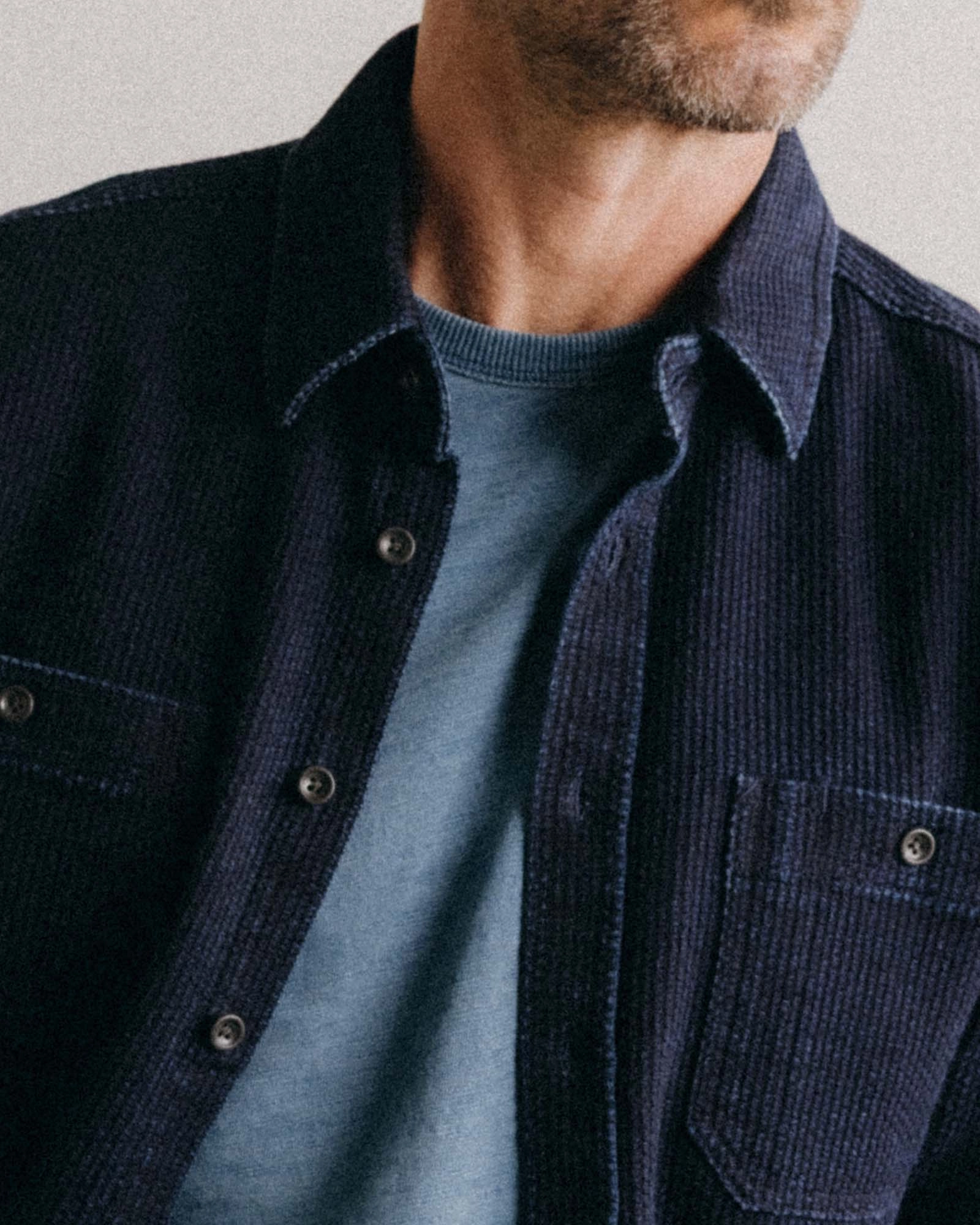 The Utility Shirt in Rinsed Indigo Sashiko Reinforced Elbow Patches Year-Round Favorite