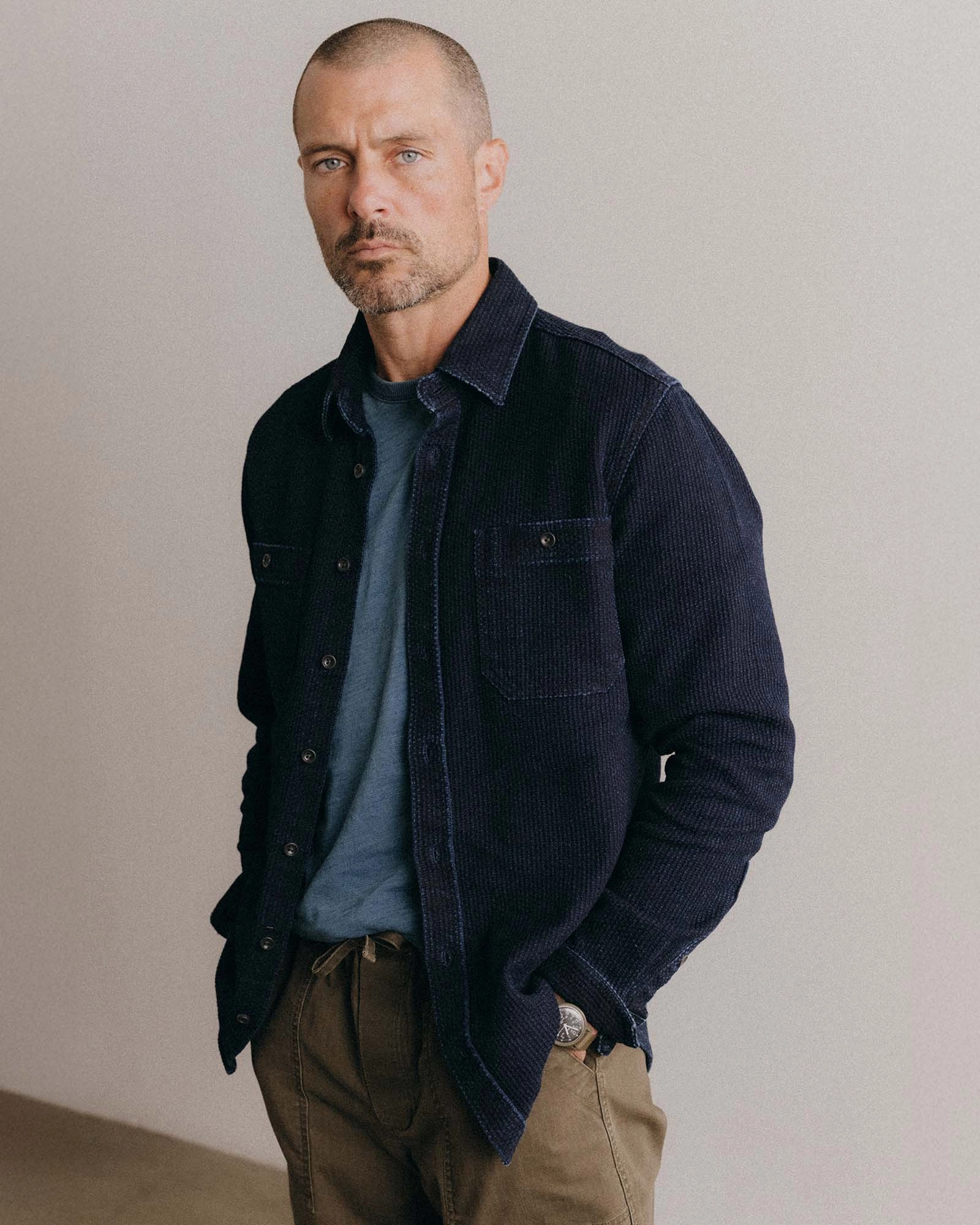 Wrinkle Resistant Material The Utility Shirt in Rinsed Indigo Sashiko