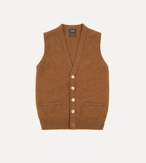 Light Brown Lambswool Sleeveless Cardigan Knit Density Options Microfiber Inner Layer