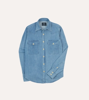 Bleach Wash Denim Two-Pocket Western Shirt Geometric Print Pre Shrunk Cotton Blend