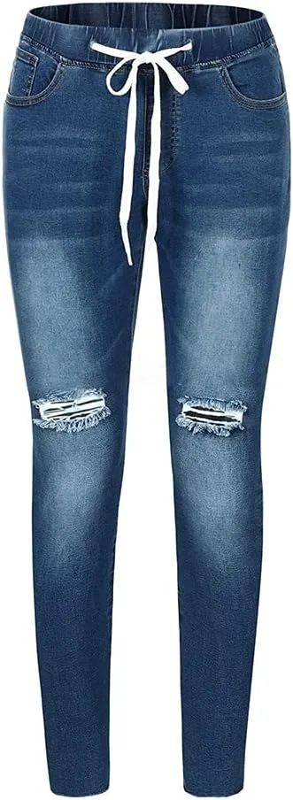 THUNDER STAR Ripped Jeans,Skinny Jeans for Women,Drawstring Mid Waist Jeans
