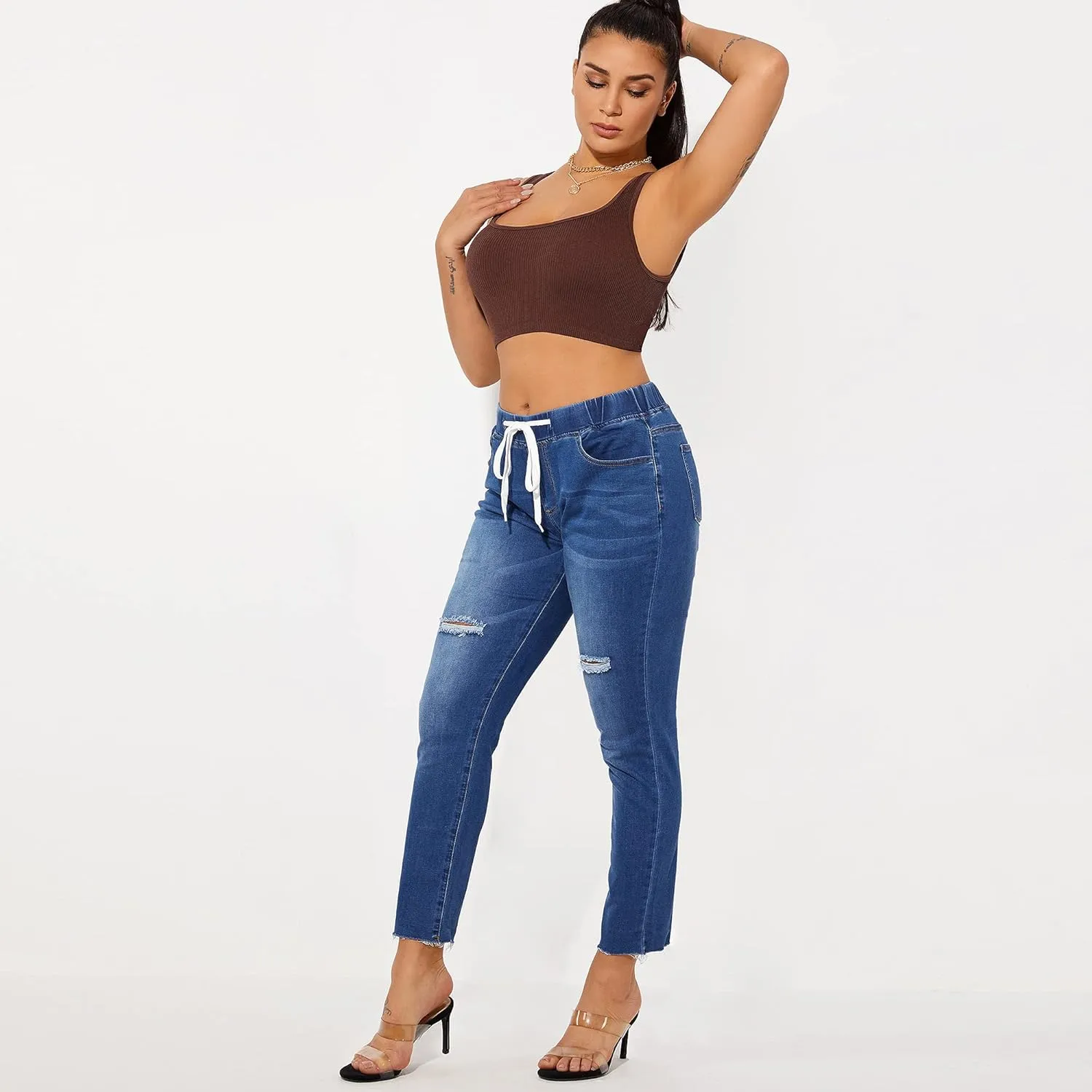 THUNDER STAR Ripped Jeans,Skinny Jeans for Women,Drawstring Mid Waist Jeans