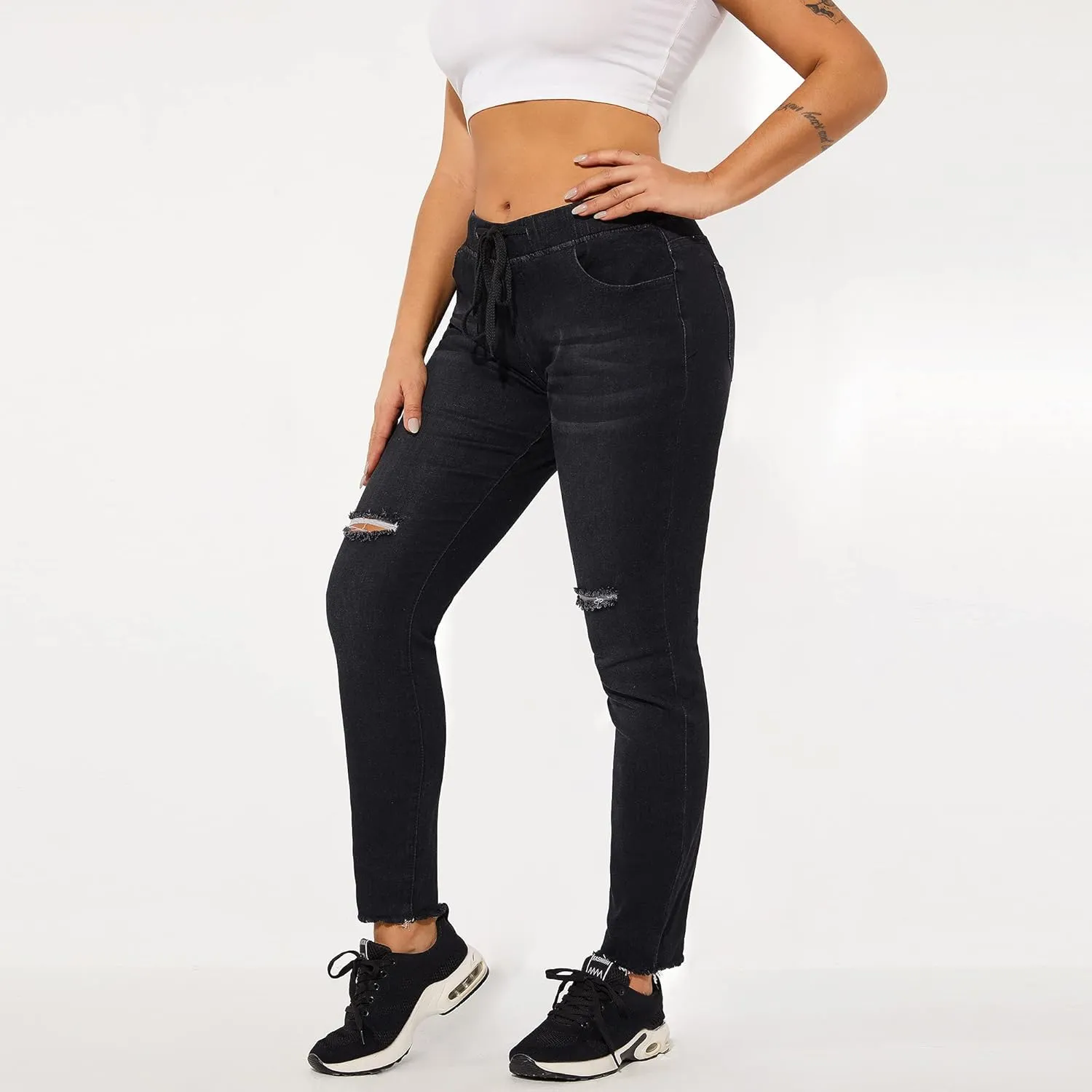 THUNDER STAR Ripped Jeans,Skinny Jeans for Women,Drawstring Mid Waist Jeans
