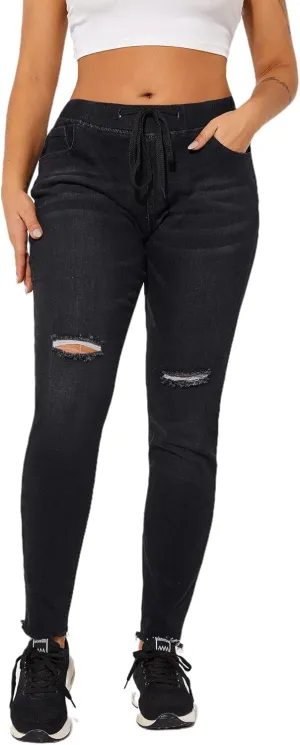 THUNDER STAR Ripped Jeans,Skinny Jeans for Women,Drawstring Mid Waist Jeans