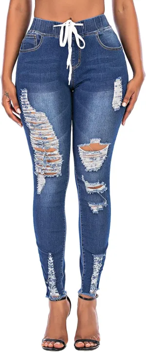 THUNDER STAR Ripped Jeans,Skinny Jeans for Women,Drawstring Mid Waist Jeans