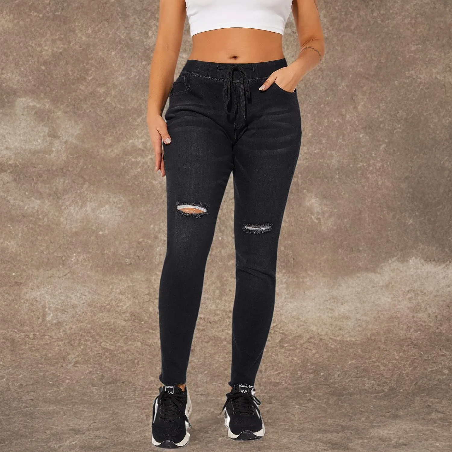 THUNDER STAR Ripped Jeans,Skinny Jeans for Women,Drawstring Mid Waist Jeans
