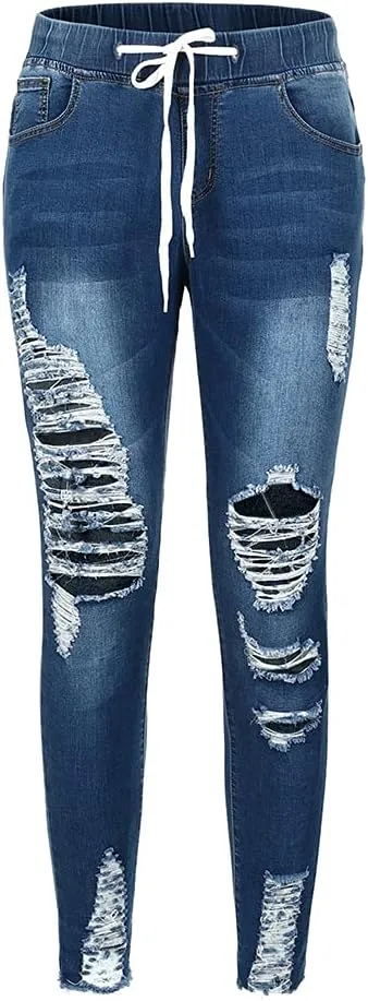 THUNDER STAR Ripped Jeans,Skinny Jeans for Women,Drawstring Mid Waist Jeans
