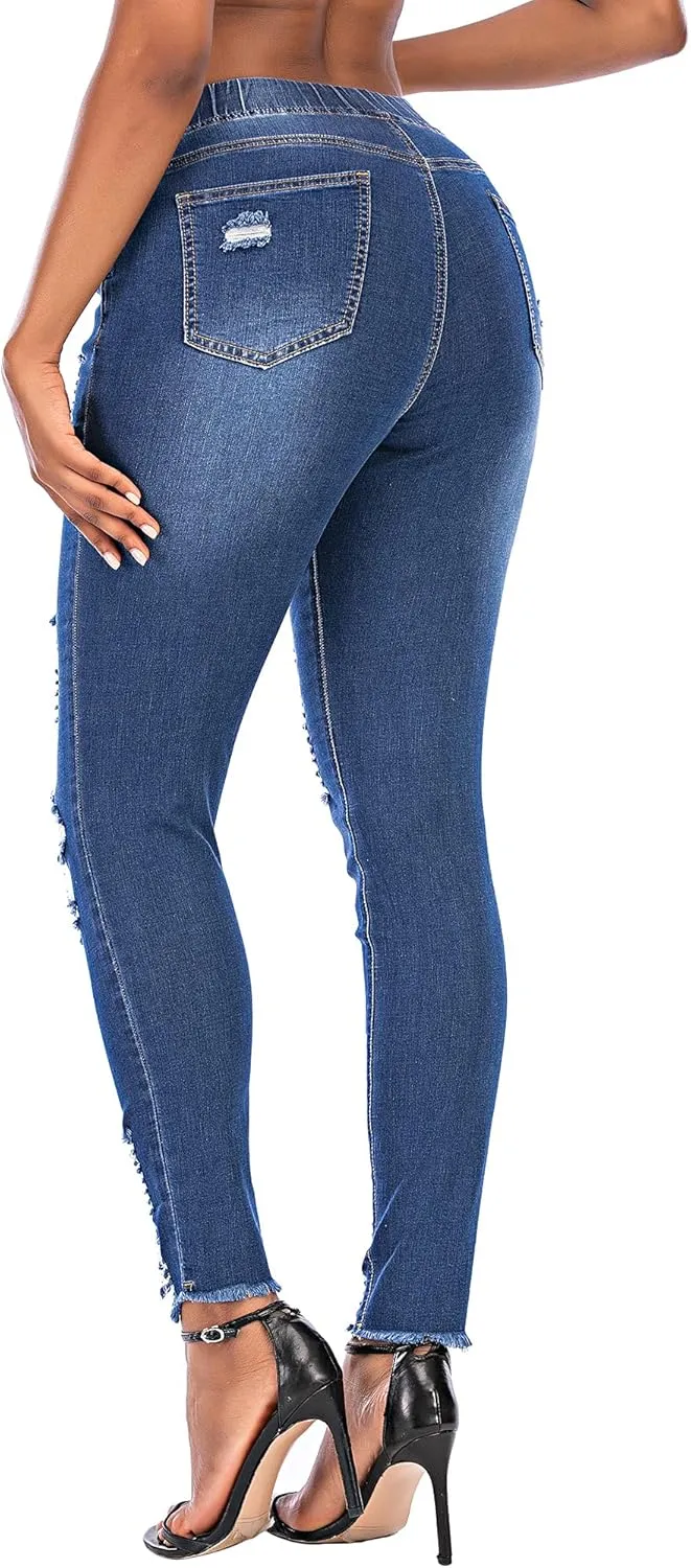 THUNDER STAR Ripped Jeans,Skinny Jeans for Women,Drawstring Mid Waist Jeans