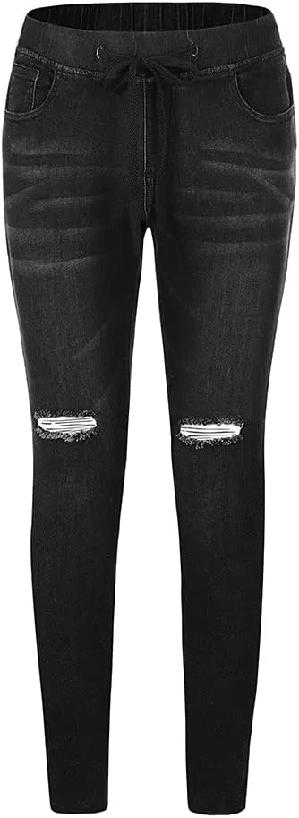 THUNDER STAR Ripped Jeans,Skinny Jeans for Women,Drawstring Mid Waist Jeans