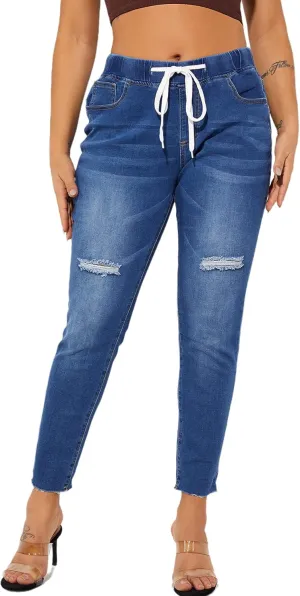 THUNDER STAR Ripped Jeans,Skinny Jeans for Women,Drawstring Mid Waist Jeans