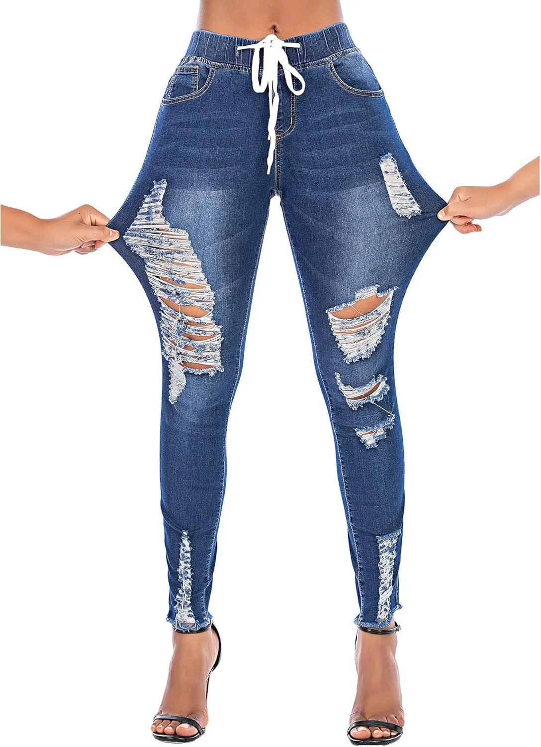 THUNDER STAR Ripped Jeans,Skinny Jeans for Women,Drawstring Mid Waist Jeans