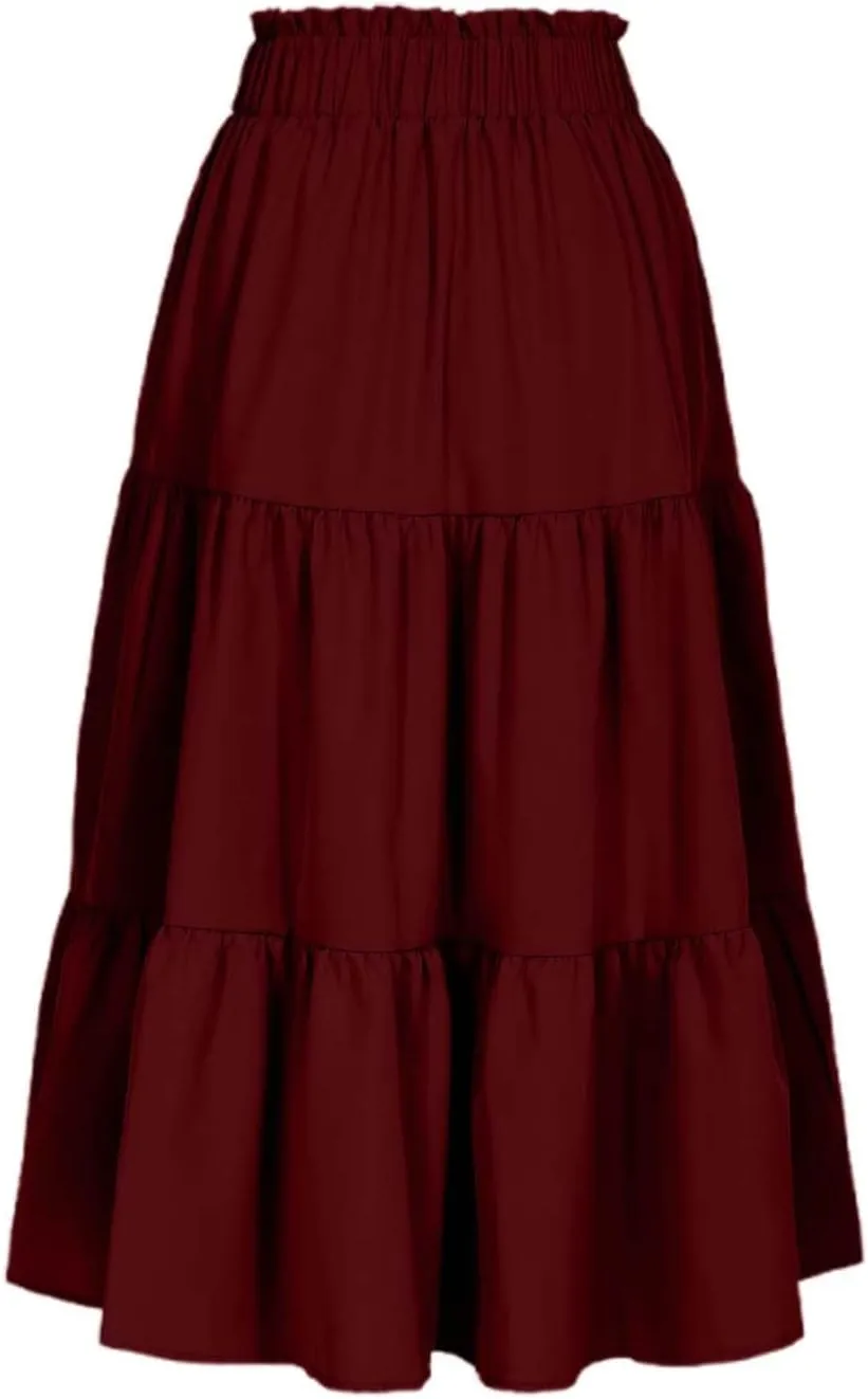 Tiered Midi Skirt for Women 2025 Flowy A Line Skirt Elastic Waist Bohemian Flared Long Spring Summer Skirt