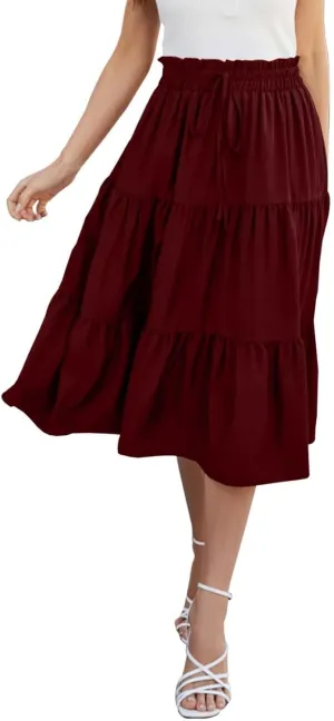 Tiered Midi Skirt for Women 2025 Flowy A Line Skirt Elastic Waist Bohemian Flared Long Spring Summer Skirt