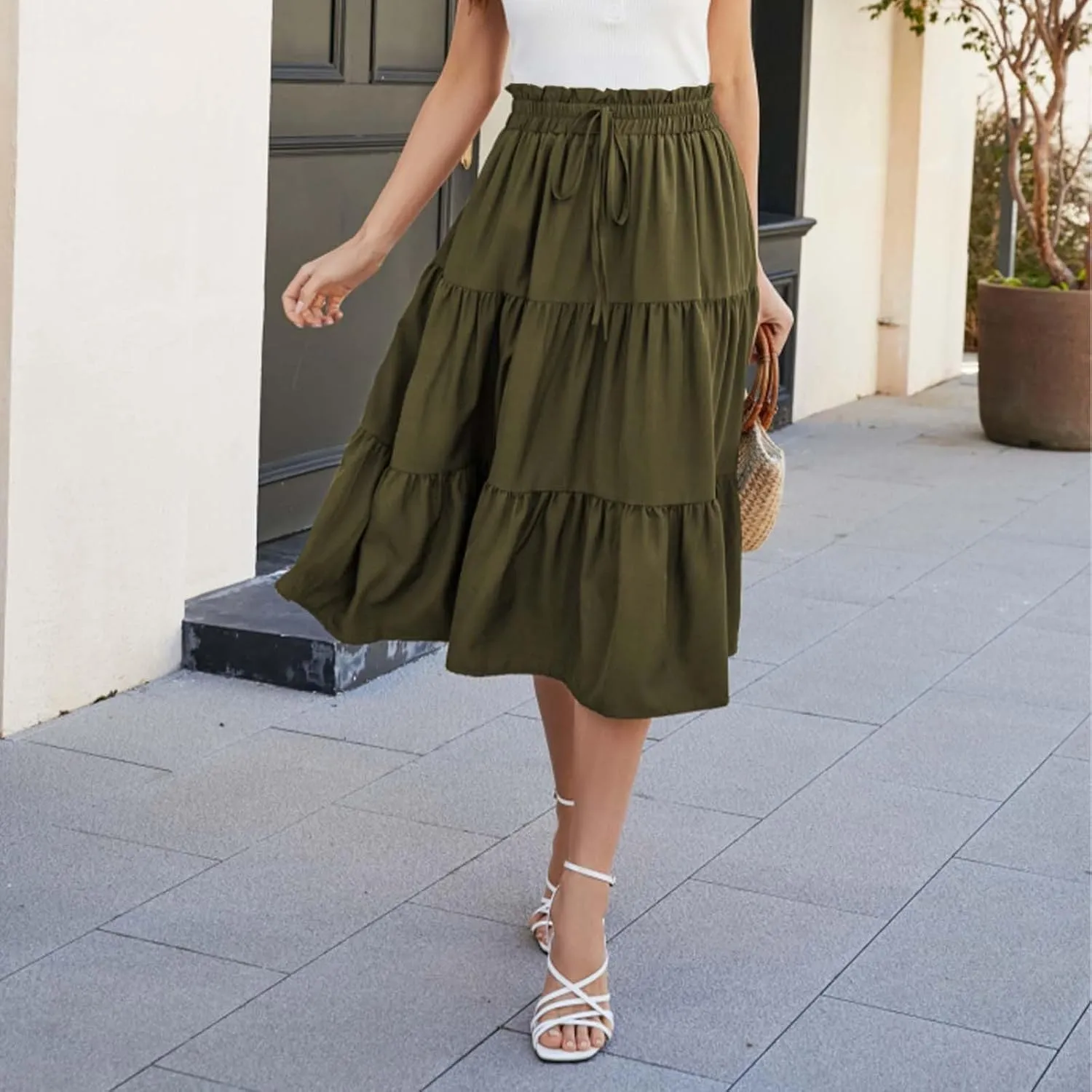 Tiered Midi Skirt for Women 2025 Flowy A Line Skirt Elastic Waist Bohemian Flared Long Spring Summer Skirt
