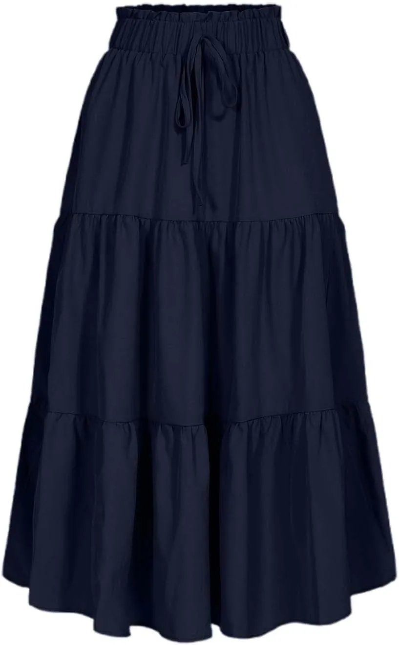 Tiered Midi Skirt for Women 2025 Flowy A Line Skirt Elastic Waist Bohemian Flared Long Spring Summer Skirt