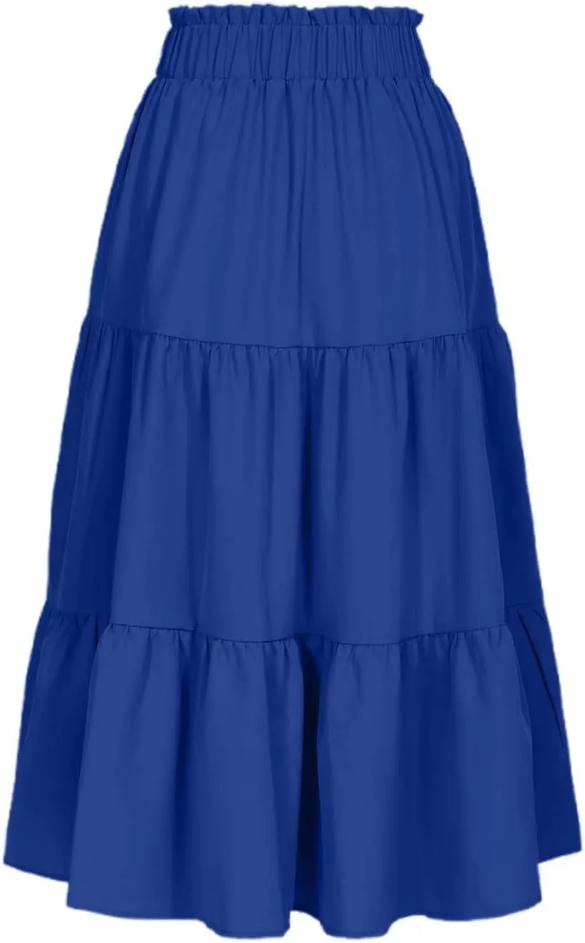 Tiered Midi Skirt for Women 2025 Flowy A Line Skirt Elastic Waist Bohemian Flared Long Spring Summer Skirt