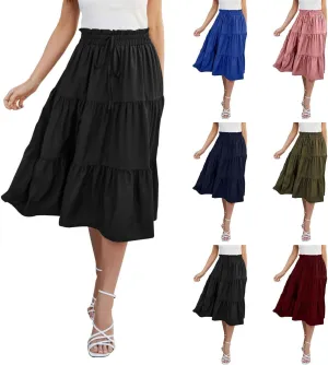 Tiered Midi Skirt for Women 2025 Flowy A Line Skirt Elastic Waist Bohemian Flared Long Spring Summer Skirt