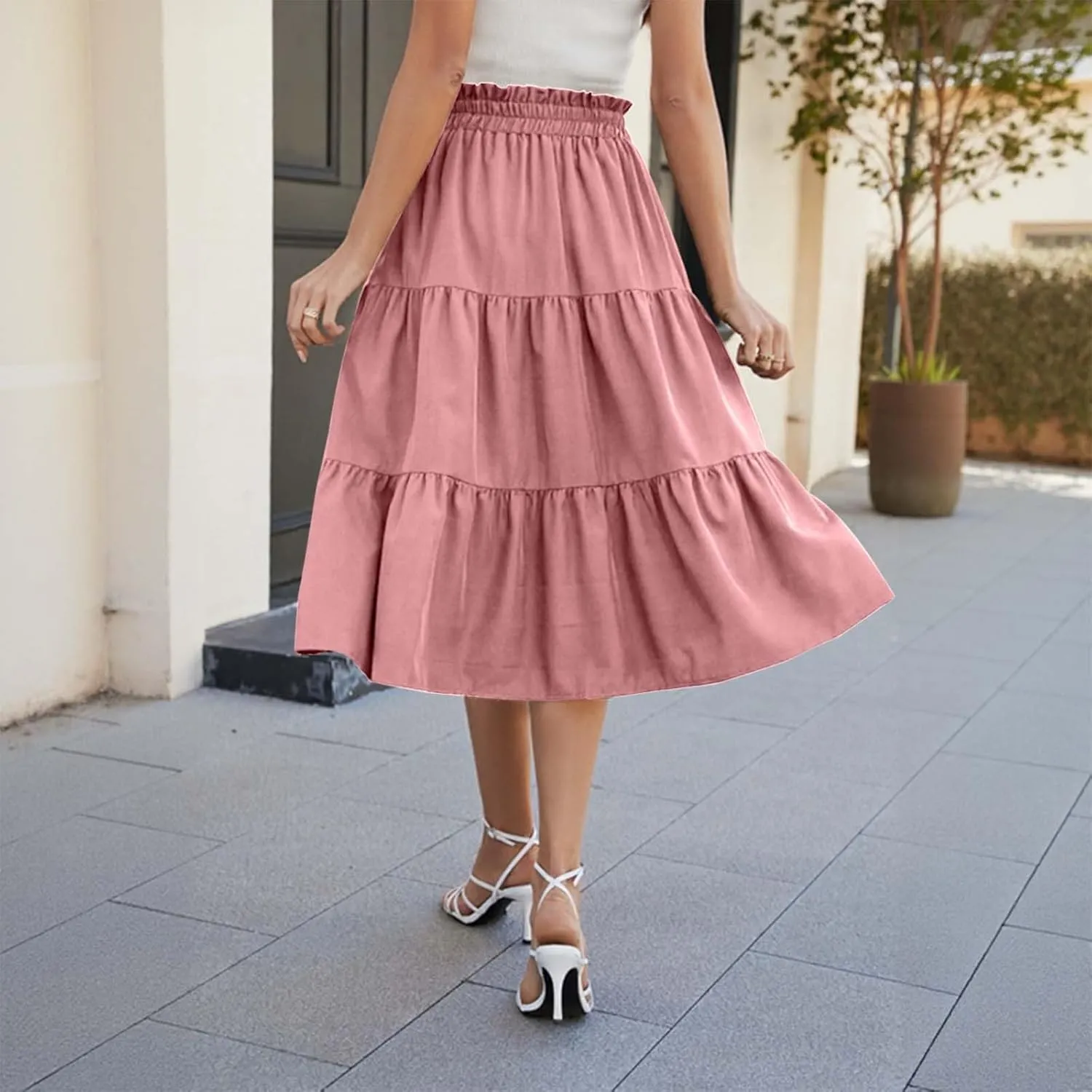 Tiered Midi Skirt for Women 2025 Flowy A Line Skirt Elastic Waist Bohemian Flared Long Spring Summer Skirt