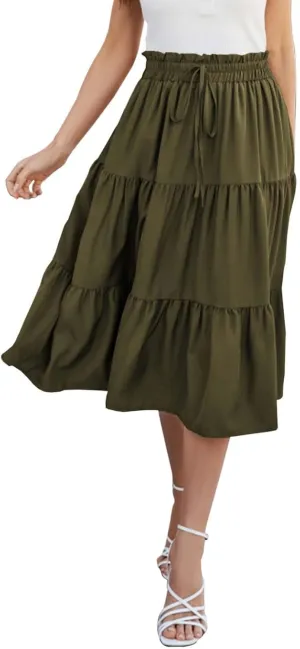 Tiered Midi Skirt for Women 2025 Flowy A Line Skirt Elastic Waist Bohemian Flared Long Spring Summer Skirt