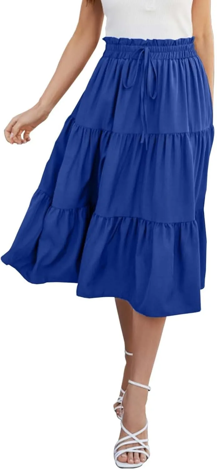 Tiered Midi Skirt for Women 2025 Flowy A Line Skirt Elastic Waist Bohemian Flared Long Spring Summer Skirt
