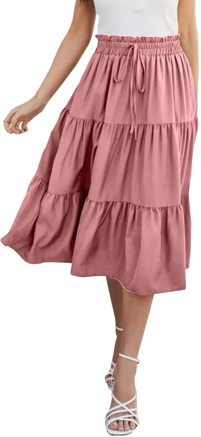 Tiered Midi Skirt for Women 2025 Flowy A Line Skirt Elastic Waist Bohemian Flared Long Spring Summer Skirt