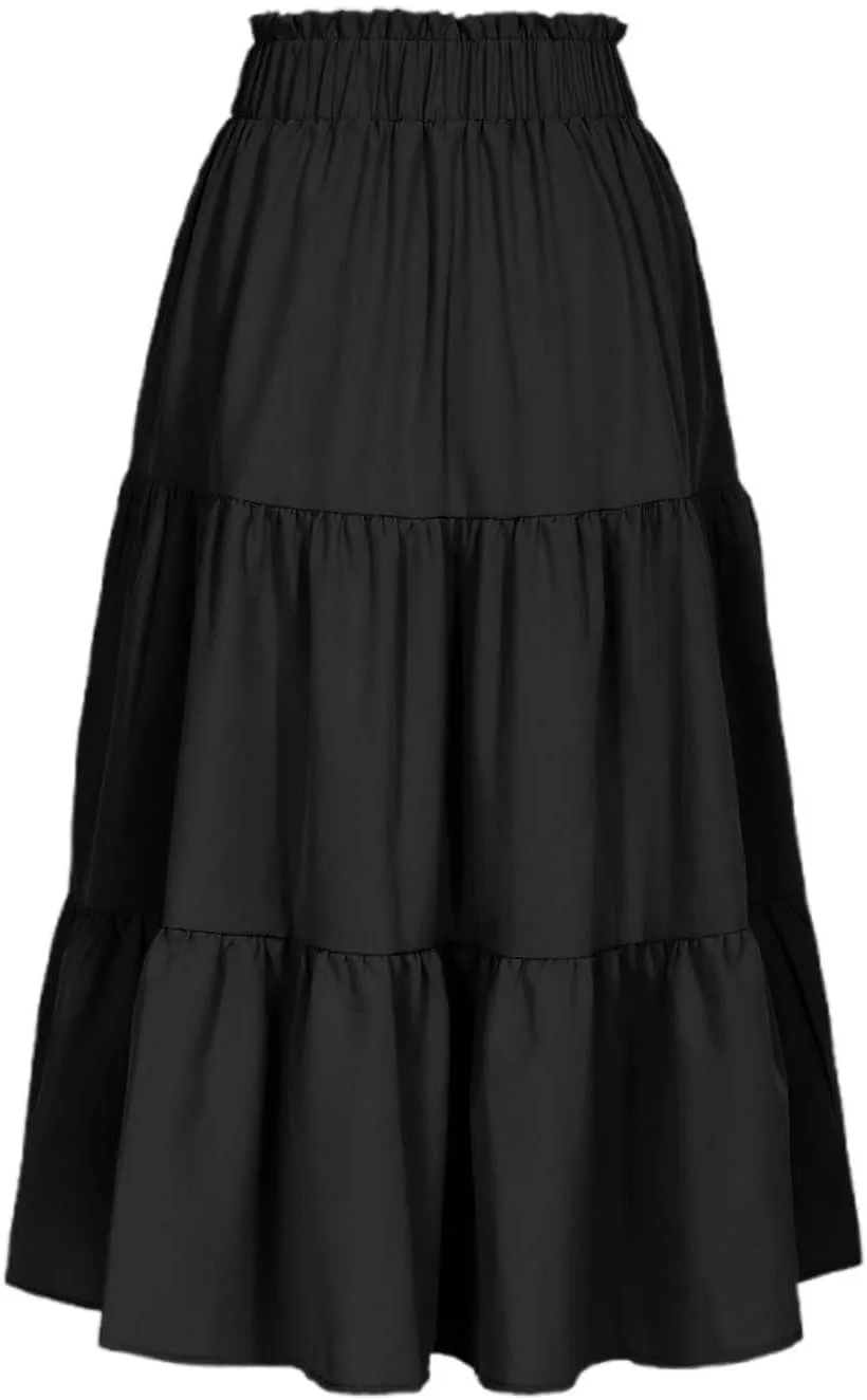 Tiered Midi Skirt for Women 2025 Flowy A Line Skirt Elastic Waist Bohemian Flared Long Spring Summer Skirt