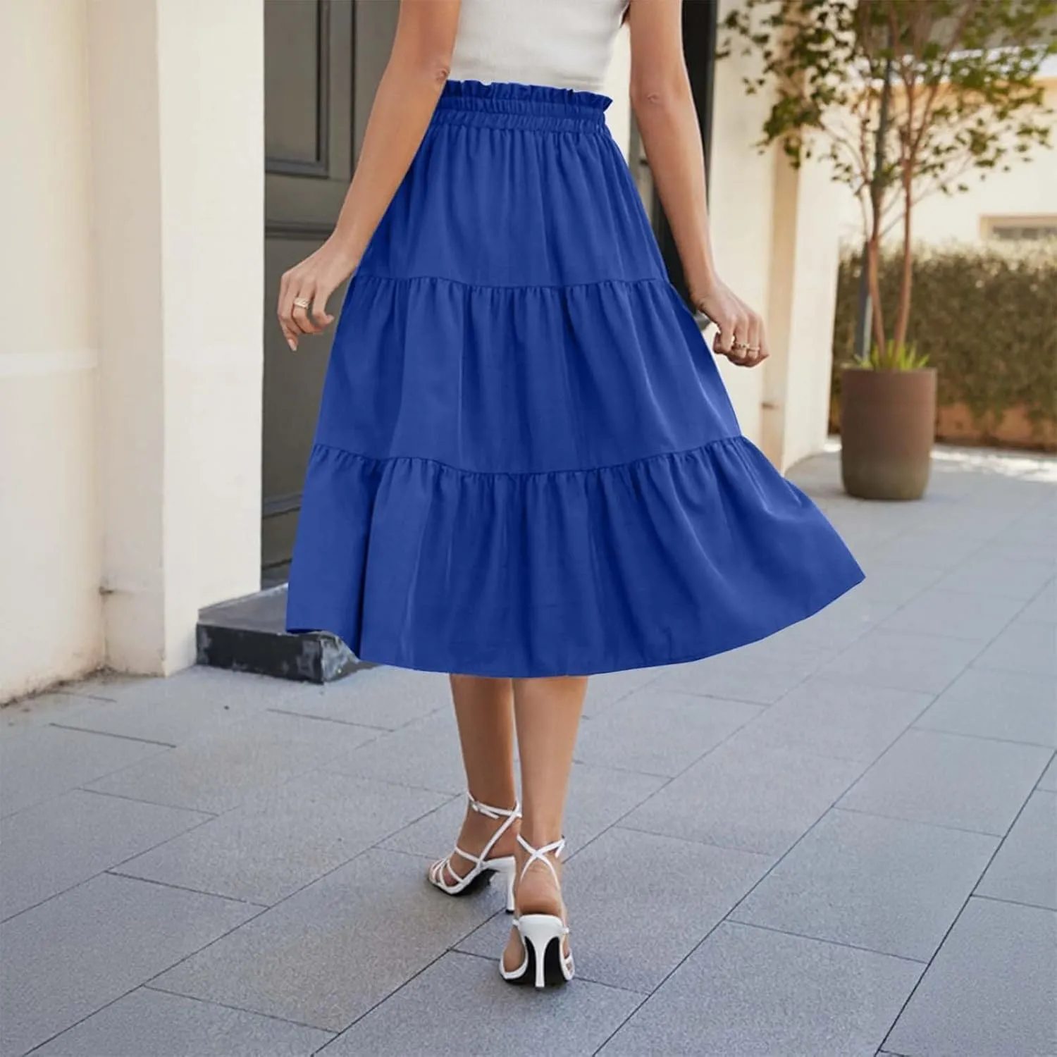 Tiered Midi Skirt for Women 2025 Flowy A Line Skirt Elastic Waist Bohemian Flared Long Spring Summer Skirt