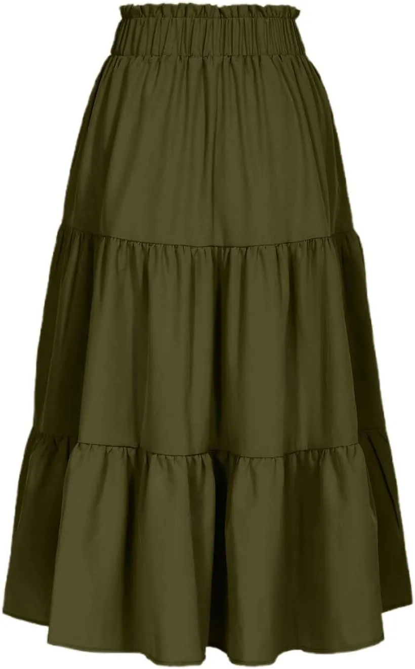 Tiered Midi Skirt for Women 2025 Flowy A Line Skirt Elastic Waist Bohemian Flared Long Spring Summer Skirt