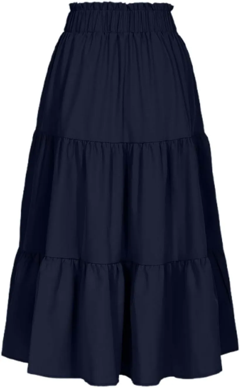 Tiered Midi Skirt for Women 2025 Flowy A Line Skirt Elastic Waist Bohemian Flared Long Spring Summer Skirt