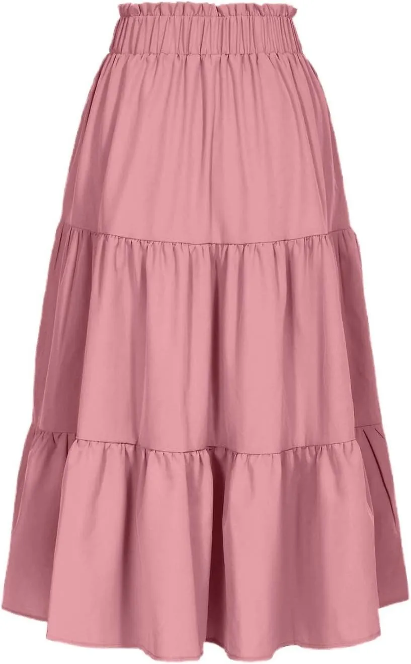 Tiered Midi Skirt for Women 2025 Flowy A Line Skirt Elastic Waist Bohemian Flared Long Spring Summer Skirt
