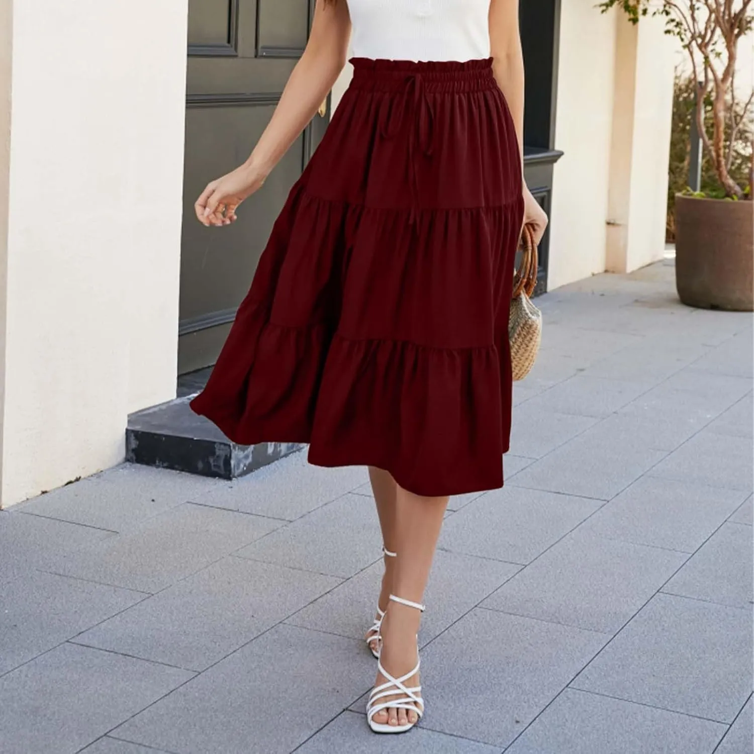 Tiered Midi Skirt for Women 2025 Flowy A Line Skirt Elastic Waist Bohemian Flared Long Spring Summer Skirt