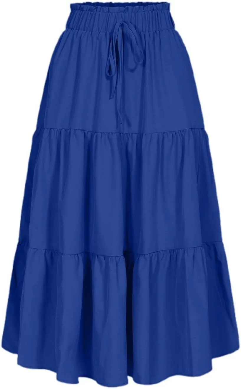 Tiered Midi Skirt for Women 2025 Flowy A Line Skirt Elastic Waist Bohemian Flared Long Spring Summer Skirt