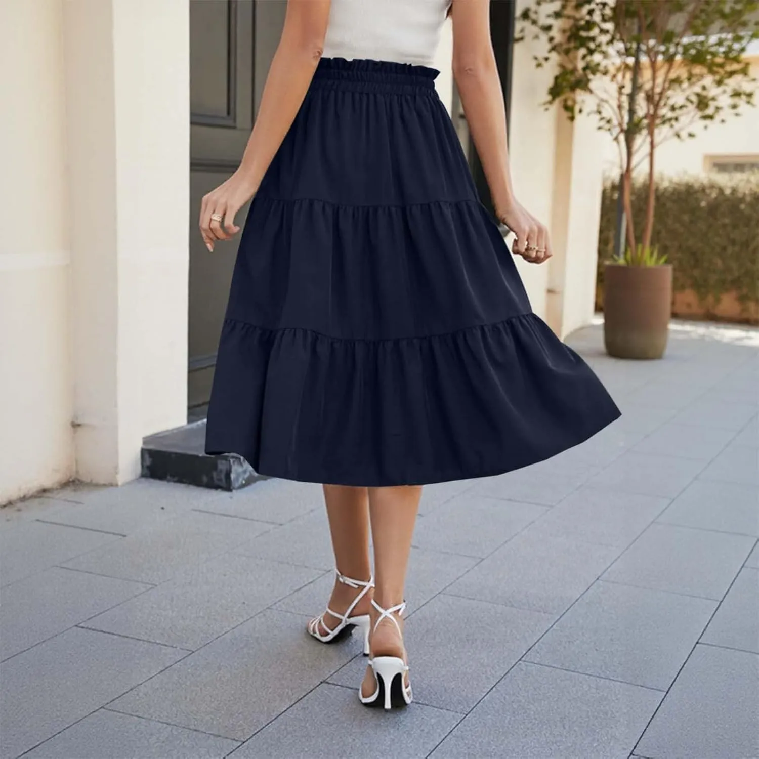 Tiered Midi Skirt for Women 2025 Flowy A Line Skirt Elastic Waist Bohemian Flared Long Spring Summer Skirt
