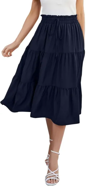 Tiered Midi Skirt for Women 2025 Flowy A Line Skirt Elastic Waist Bohemian Flared Long Spring Summer Skirt