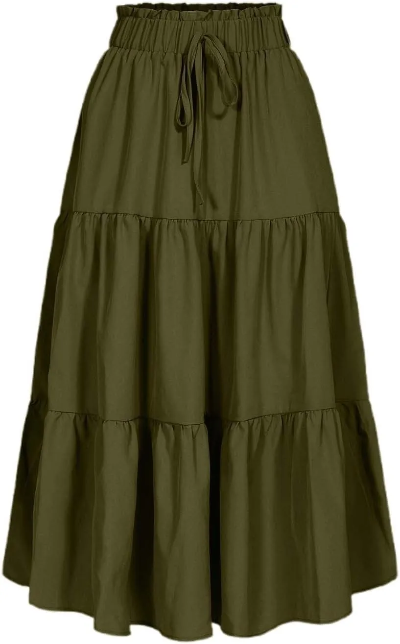 Tiered Midi Skirt for Women 2025 Flowy A Line Skirt Elastic Waist Bohemian Flared Long Spring Summer Skirt